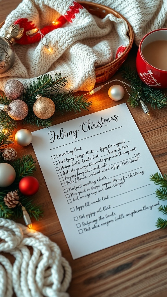 Aesthetic Christmas list on a wooden table with festive decorations and cozy elements.